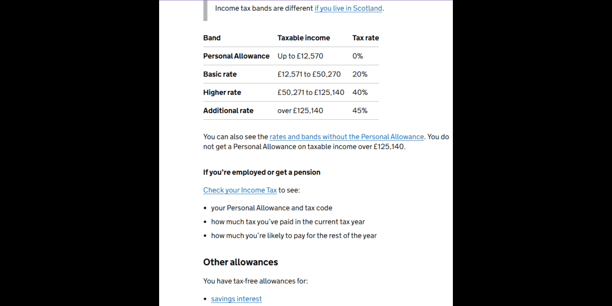 Screenshot of official HMRC tax rates showing personal allowance £12,570, basic rate 20%, and National Insurance thresholds